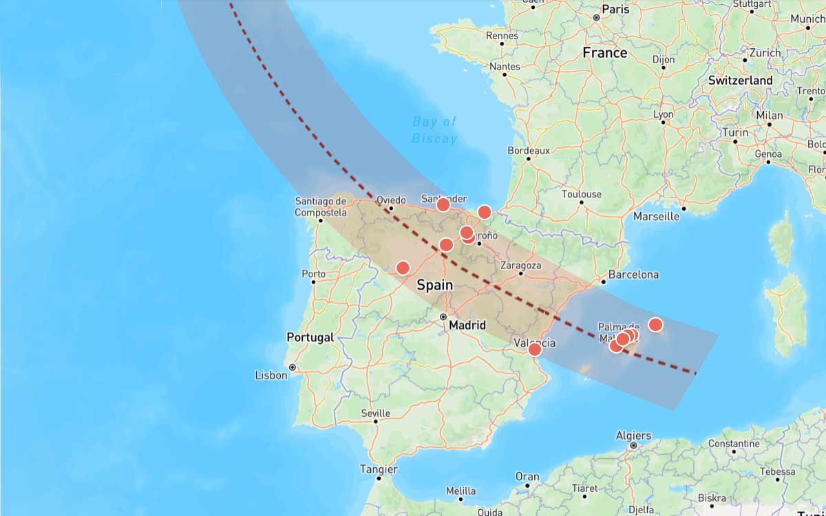World map showing the path of the total solar eclipse on 12 August 2026